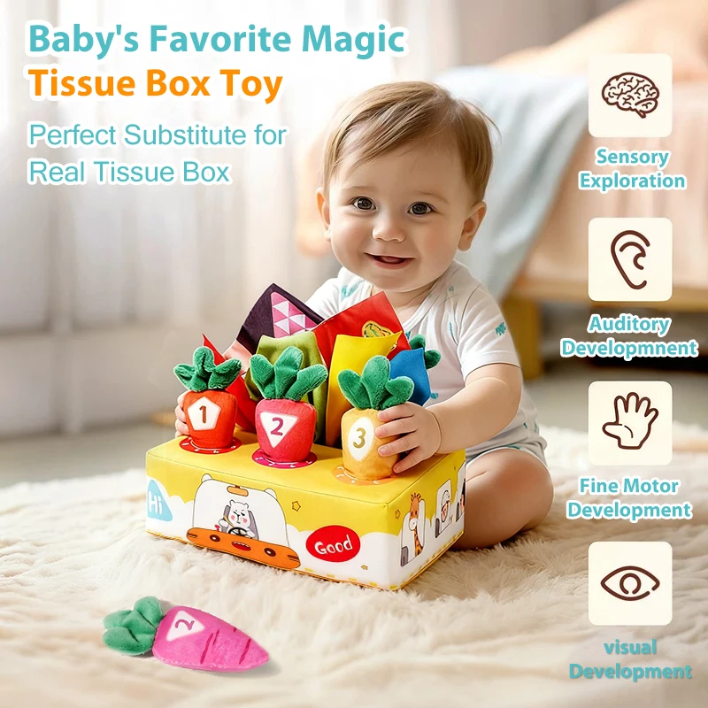 Baby Tissue Cartoon Soft Box Toy Tear-resistant Pattern Pulling Carrots Stuffed Toys Non-Fading Fine Motor Skills Cloth Book