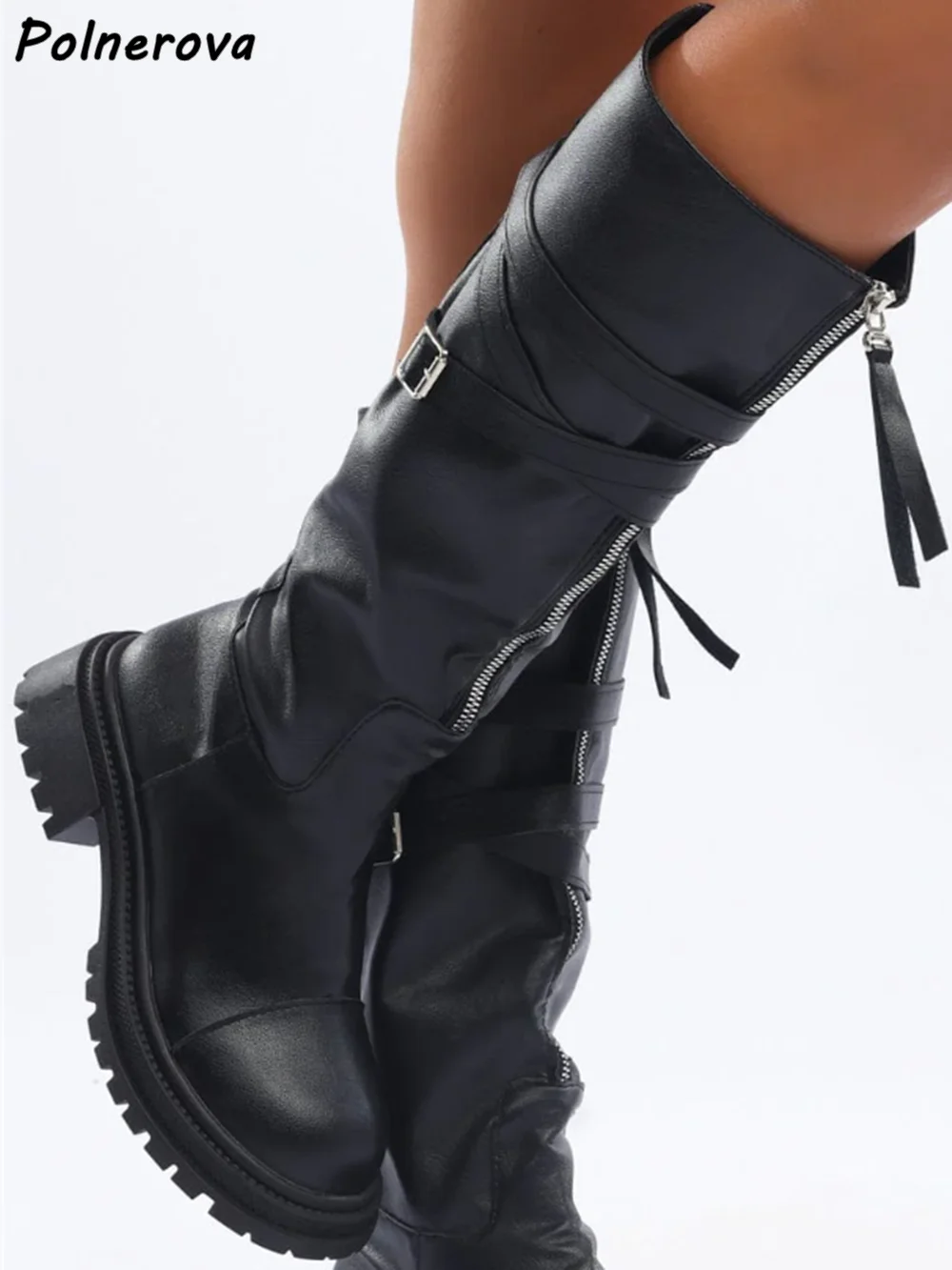 Black Leather Buckle Belt Boots Front Zipper Turn Over Edges Square Heels Concise Shoes Winter Fashion Sexy Knee High Boots