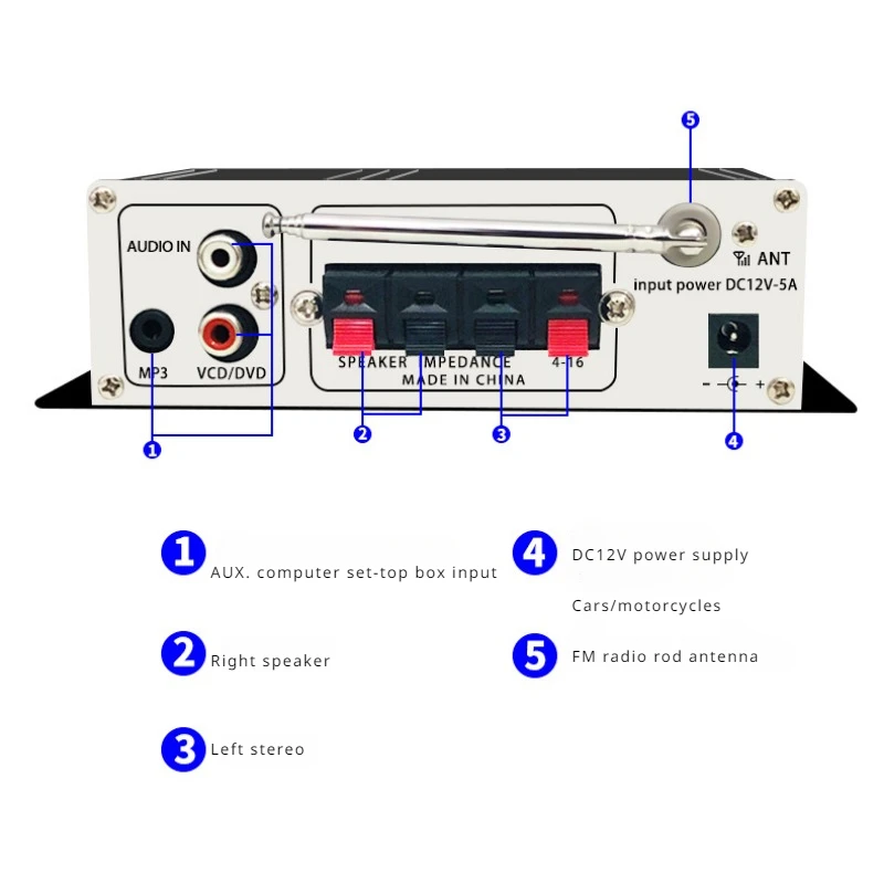 DC12v Bluetooth Power Amplifier Car Mini Audio Power Amplifier Active Bluetooth Amplified Woofer Home Power Amplifier