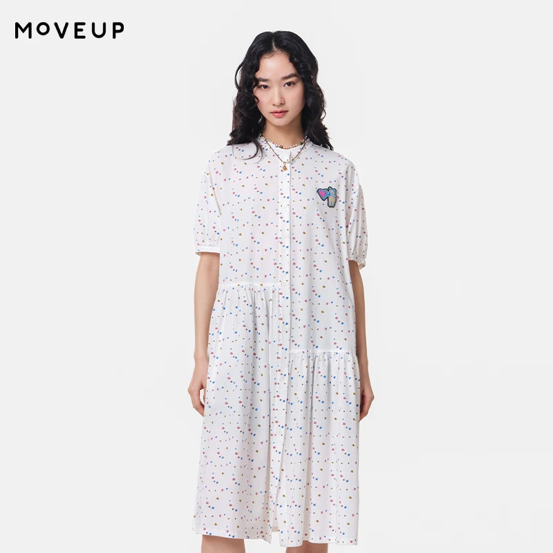 

MOVEUP Short Sleeved Stand Collar A-Line Dress 2026 Summer New Color Dot Print Embroidery Asymmetric Pleated Hem Dress 3ELX21311