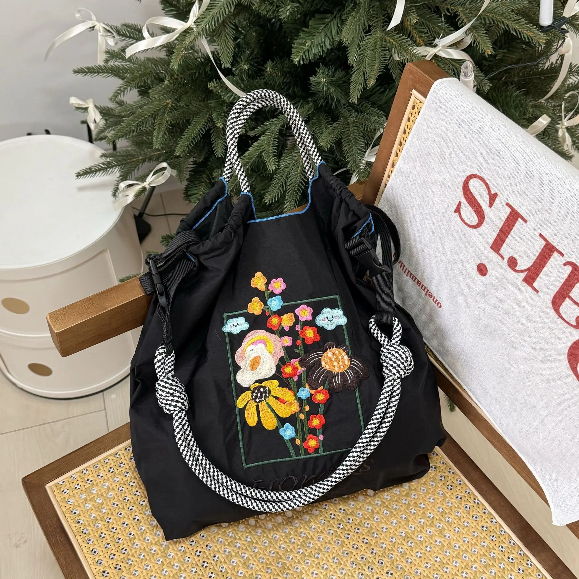 New Kawaii Eco-Friendly Bag Embroidered Nylon Anime Large Capacity Shopping Bag Flower Series Handheld Shoulder Bag Gifts