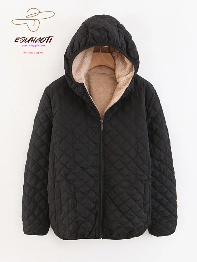 Women\'s Jacket 2024 New Parkas Winter Korean Fashion Slim Check Hooded Binding Off Warm Cotton Clothes Oversize Women Coat Tops