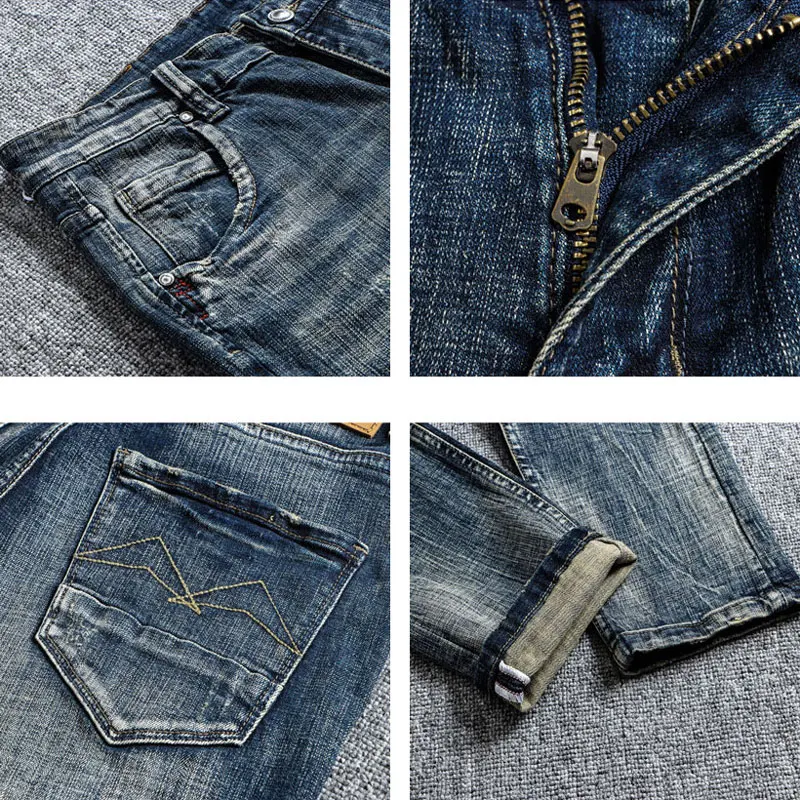 Fashion Streetwear Men Jeans High Quality Retro Black Blue Stretch Slim Fit Ripped Jeans Men Vintage Designer Denim Pants Hombre