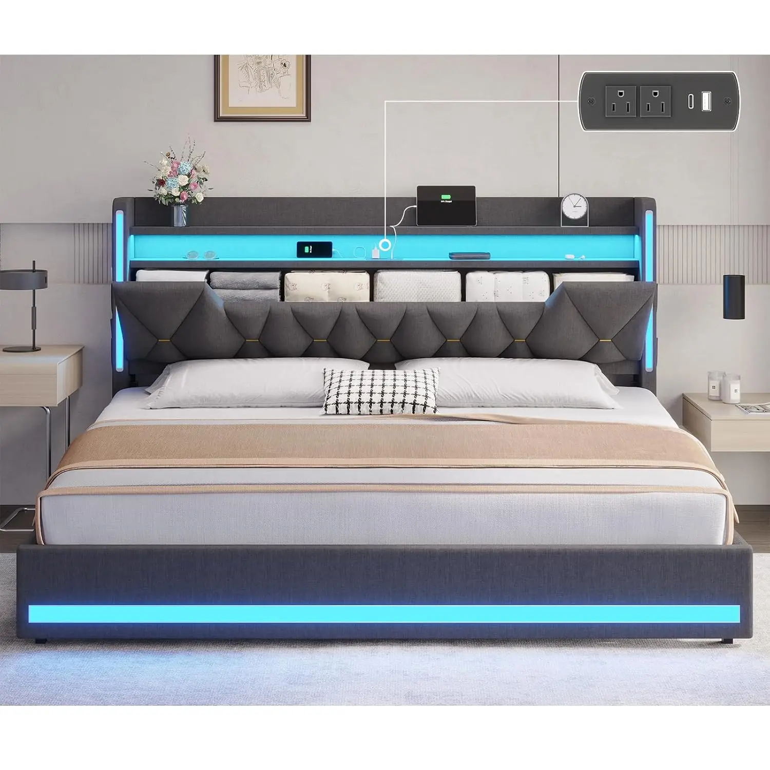 King LED Bed Frame with Charging Station Storage Shelves Upholstered Headboard No Box Spring Gray Linen, Customized