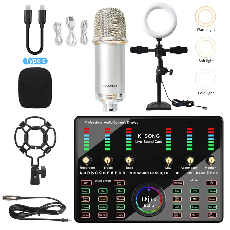 Karaoke Microfoon Professionele Condensator Bluetooth Draadloze Met Ring Licht Invullen Microfoon Geluidskaart Streaming Living Gaming Zingen