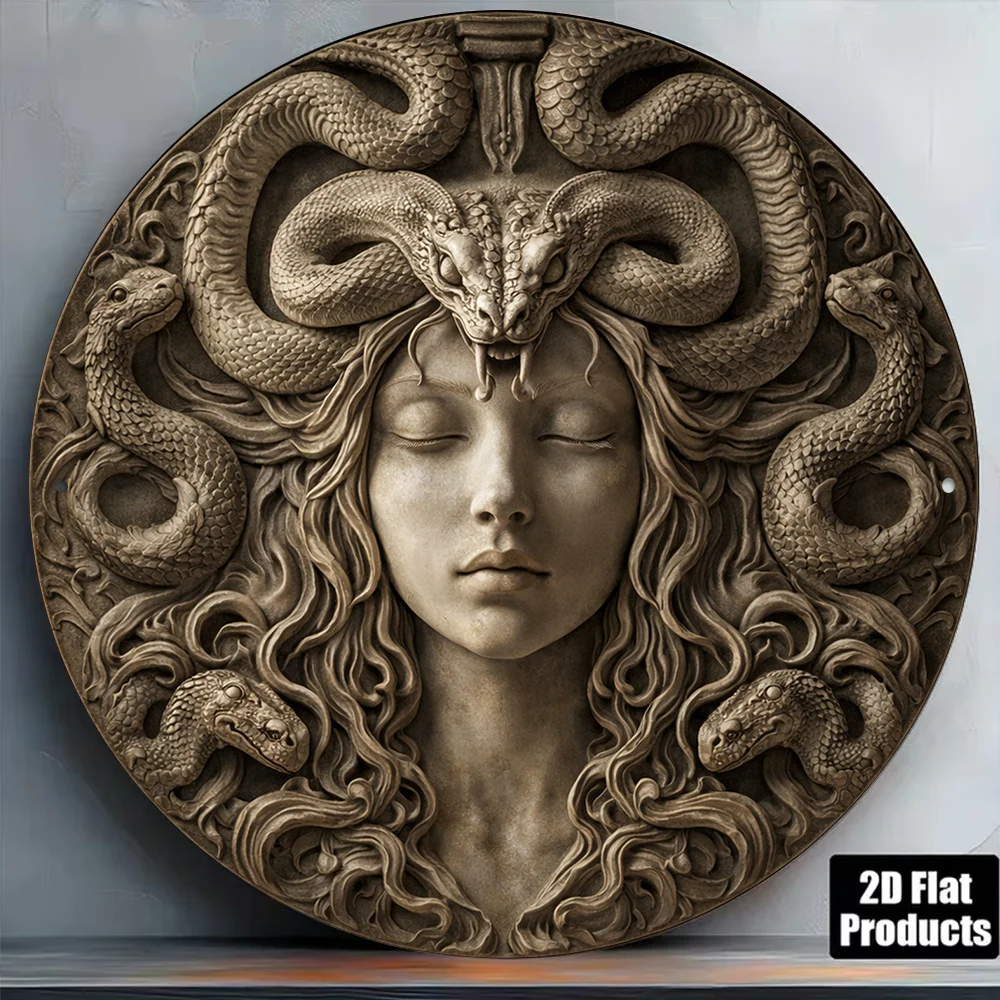 CIFBUY Vintage Round Aluminum Wall Art Medusa Greek Mythology Sign Waterproof Durable Decor for Living Room Bedroom Study Gift
