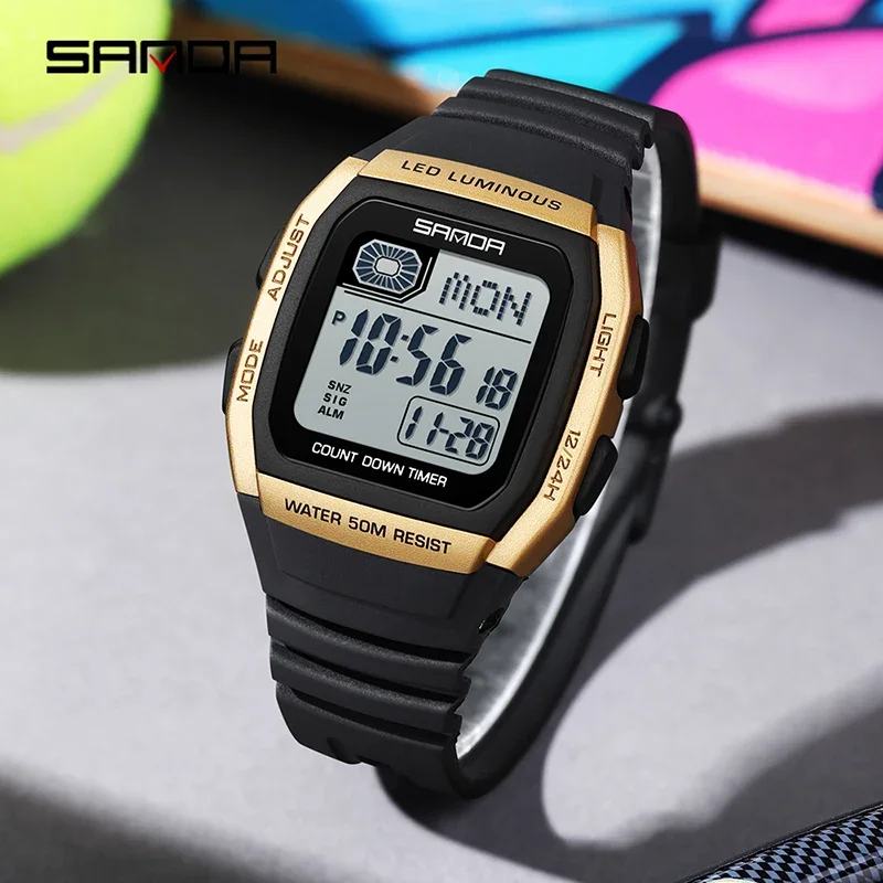 ]SANDA Fashion Trend Youth Electronic Watch Square Multifunction Countdown Luminous Waterproof Casual Sport Men Digital Watch