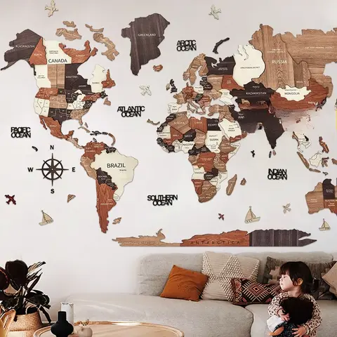 Solid wood world map wall decoration 3D three-dimensional map splicing wall hanging Nordic wall decoration