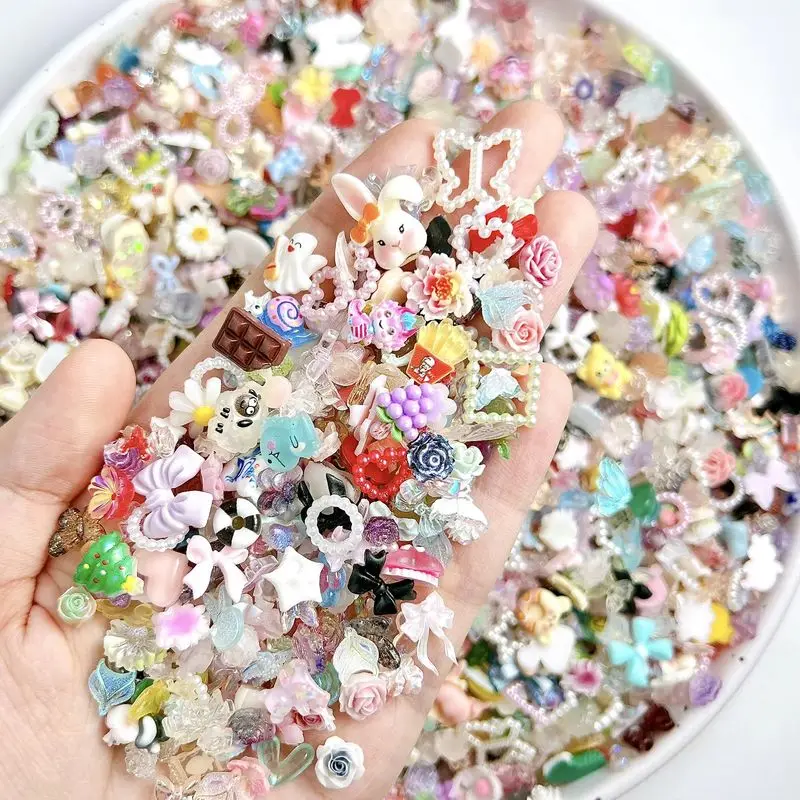 Kit de Material para Nail Art 3D com 50 Peças, Material de Resina, Acessórios de Decoração de Unhas DIY, Flores e Animais Simulados em Saco Surpresa