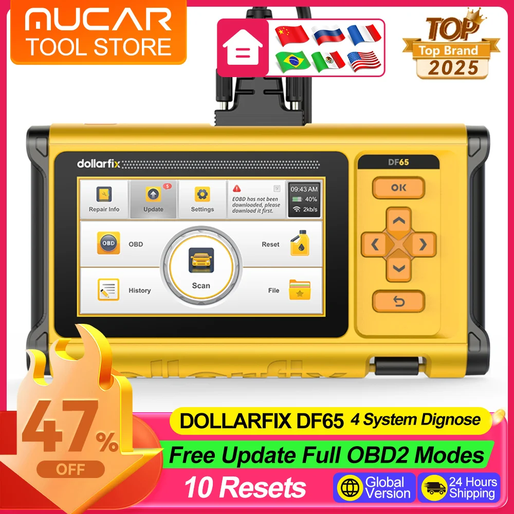 Dollarfix DF65 OBD2 Scanner ECM TCM SRS ABS System Diagnostic Tools 10 Resets Lifetime Free Update Scan Tool Car Code Reader