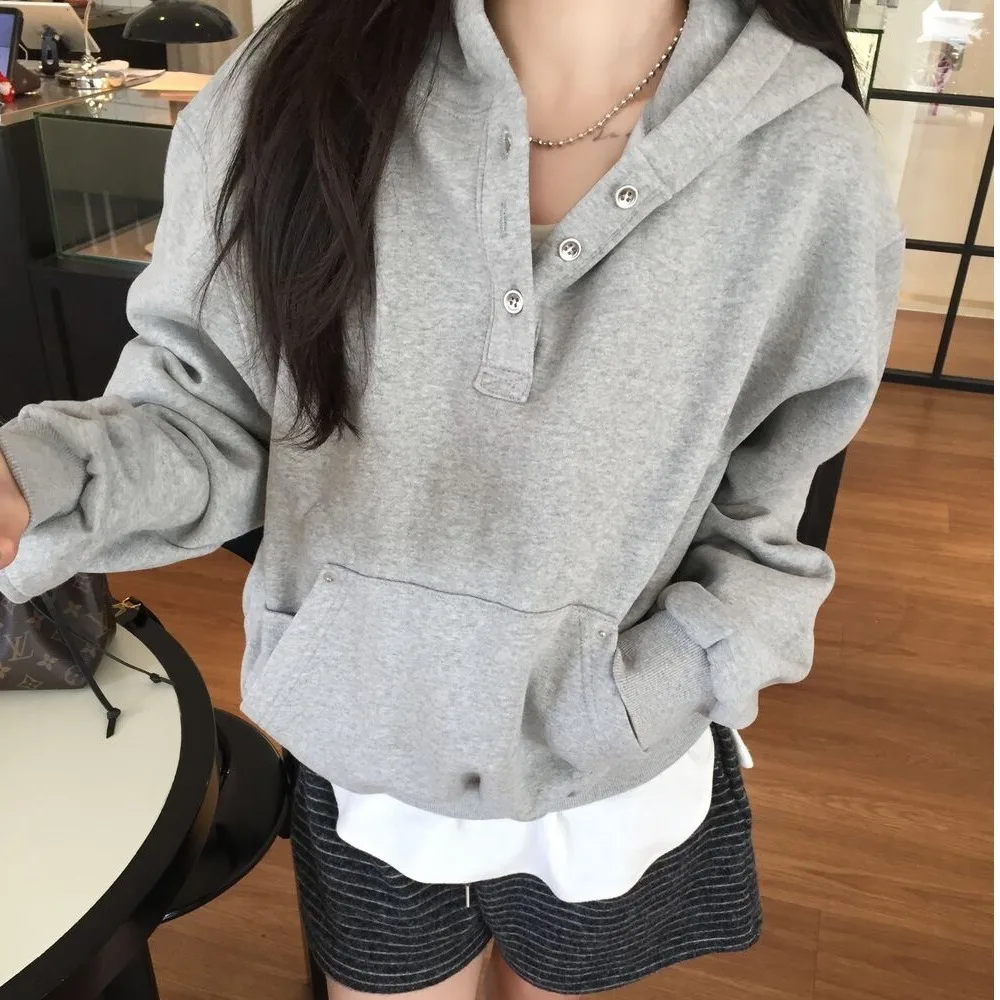 Moletom chique com capuz feminino Faion início da primavera design f botão Ne cor pura casual Fce Long Sve Top