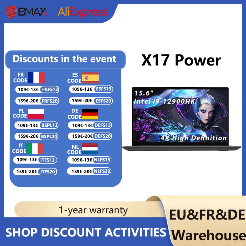 BMAX X17 พาวเวอร์ 2025 แล็ปท็อปสำหรับเล่นเกม Intel i9 12900HK 32GB RAM 1TB SSD 15.6 นิ้วอัลตร้าบุ๊คบลูทูธ 5.4 วินโดวส์ 11 โปร