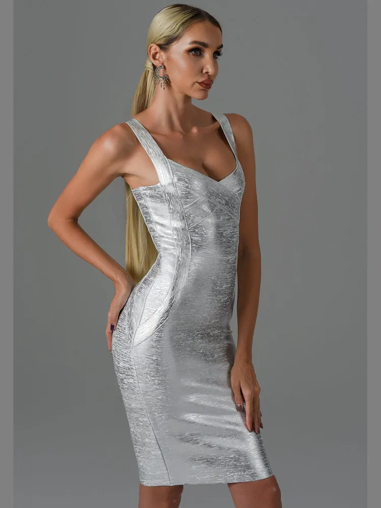 New Women Summer Style Sexy Sleeveless Backless Gold Silver Bronzing Midi Bodycon Bandage Dress 2022 Elegant Evening Party Dress