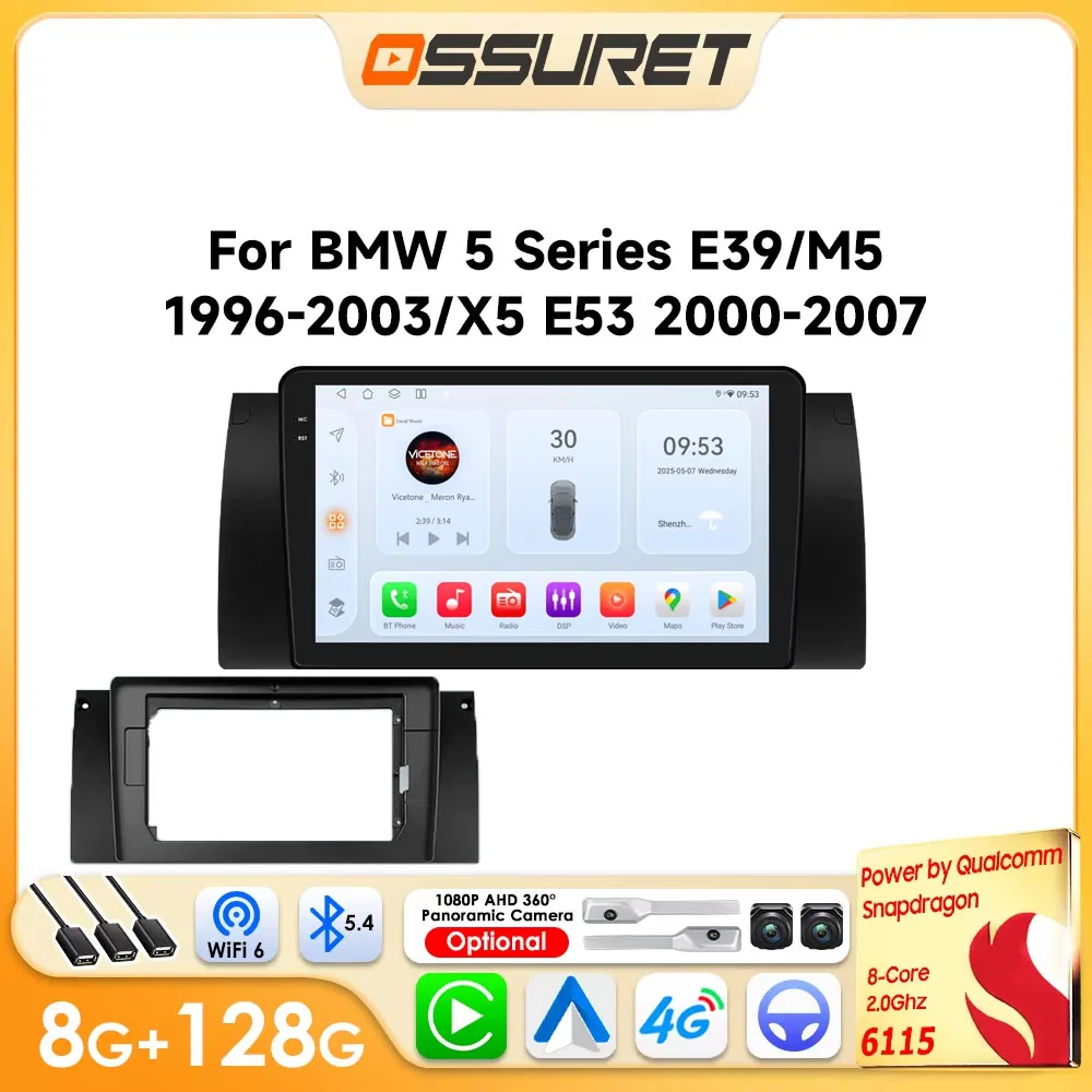 OSSURET Autoradio Android per BMW 5 E39 E53 E38 X5 M5 1995 - 2001 Carpaly Lettore multimediale GPS per auto 2DIN 6115 8CORE Audio 360cam