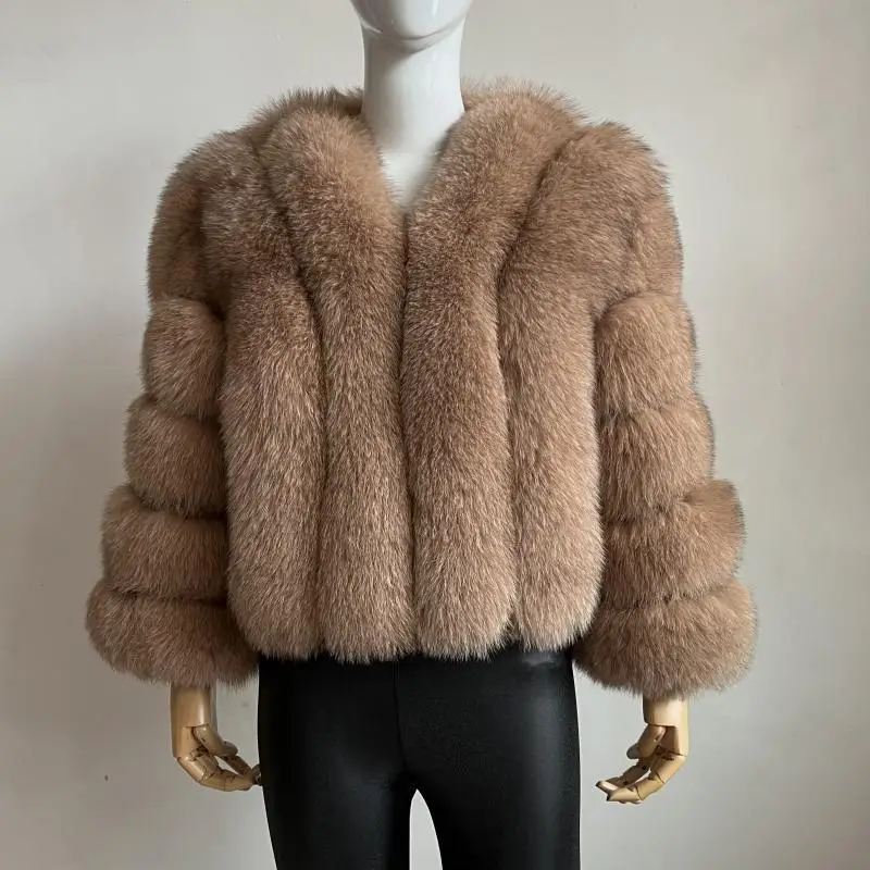 

2023Real fur, Real Fox Fur Coat V-Neck Winter Woman Short Sleeve Natural Warm Fashion Luxury Girls