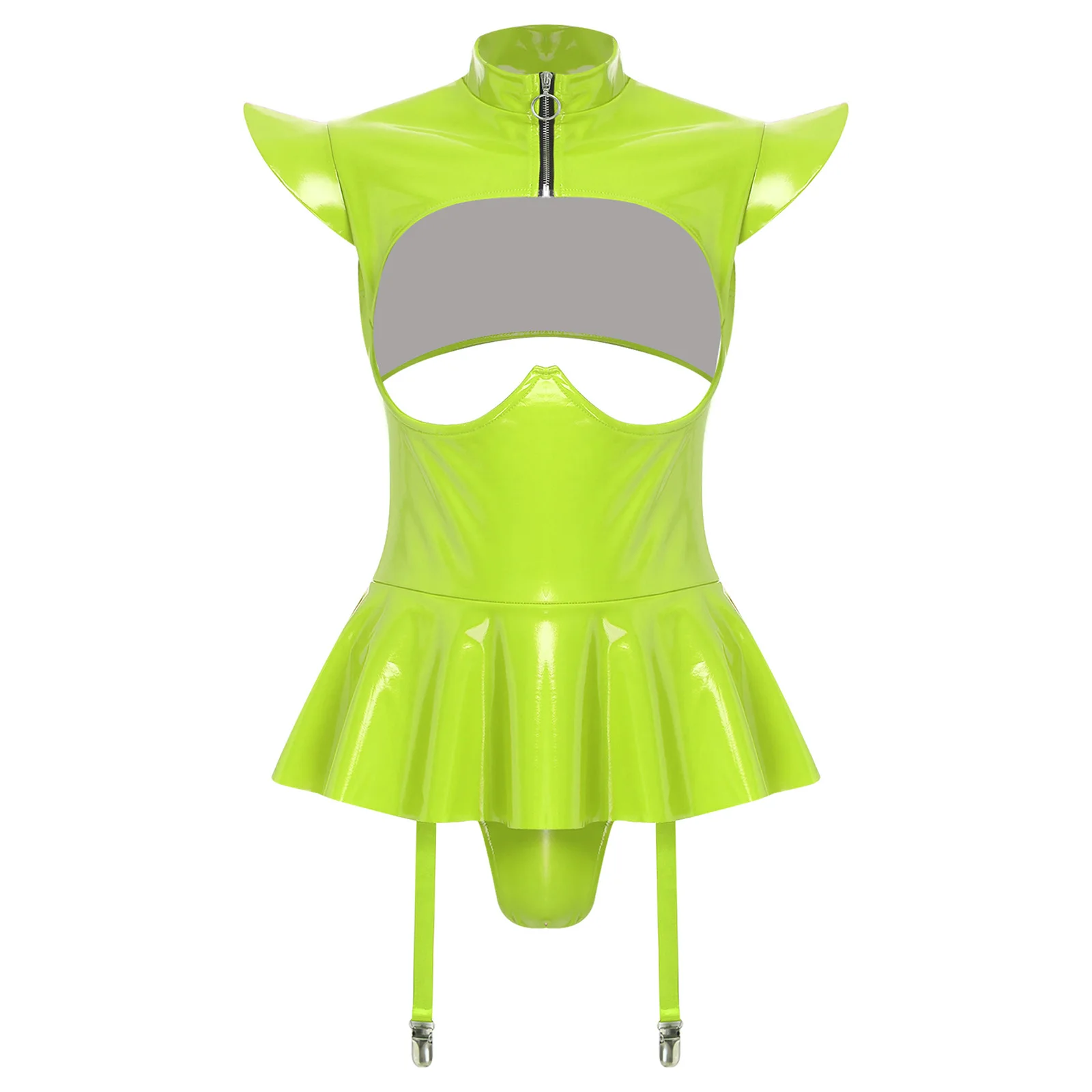 

Sexy Women Lingerie Tempting Cutout Bodysuit Nightwear Breast Hollow Out Teddies Ruffled Hem Garters Erotic Flirting Nightwear