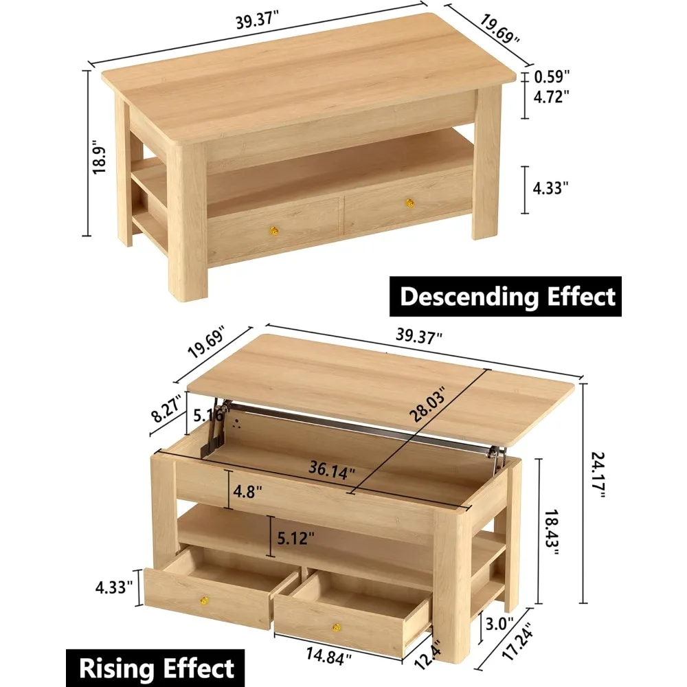 44 طاولة قهوة قابلة للرفع مع حجرة تخزين مخفية ودرجين، طاولة واسعة قابلة للتحويل، سطح رفع هيدروليكي بدون جهد، #3