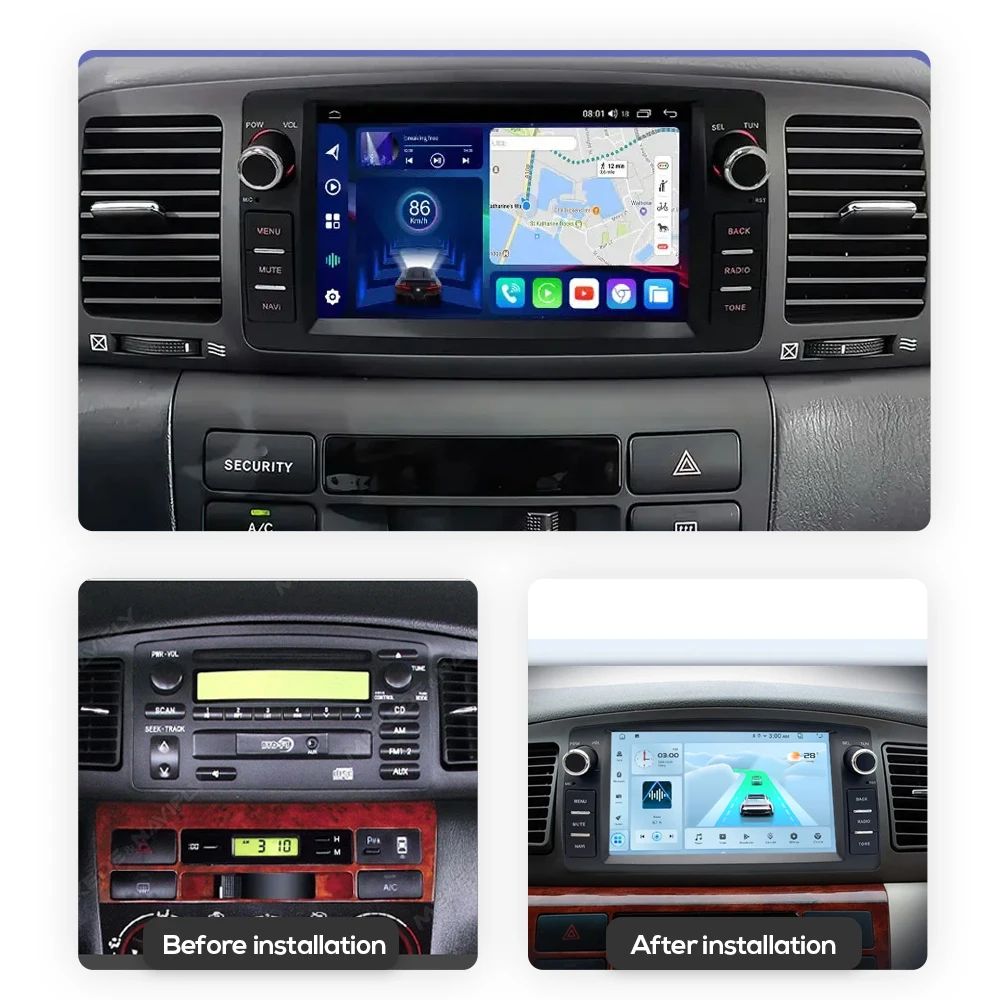 Android 13 Car DVD Player GPS Navigation CarPlay Car Radio Multimedia Bluetooth Wifi For Toyota Corolla Altis E120 2000-2006