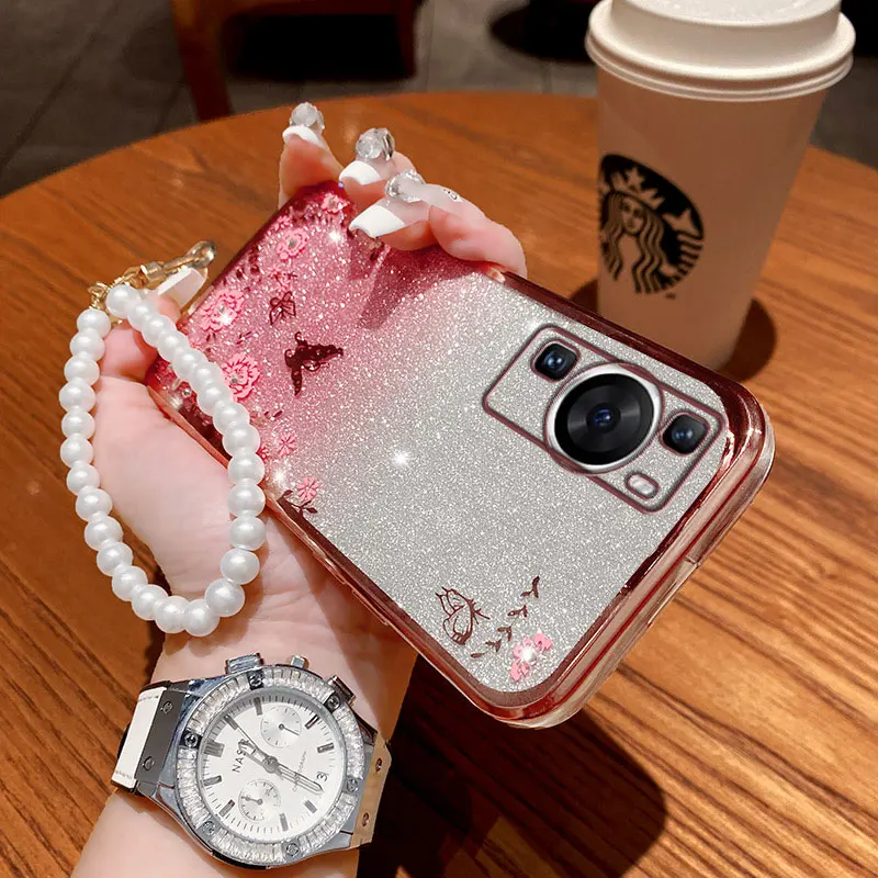 Luxury Glitter Funda For Huawei P60 P50 Pro Case Pearl Lanyard Case For Huawei P40 P30 P 60 pro Y7a Nova Y91 5T 3i Coque Capa