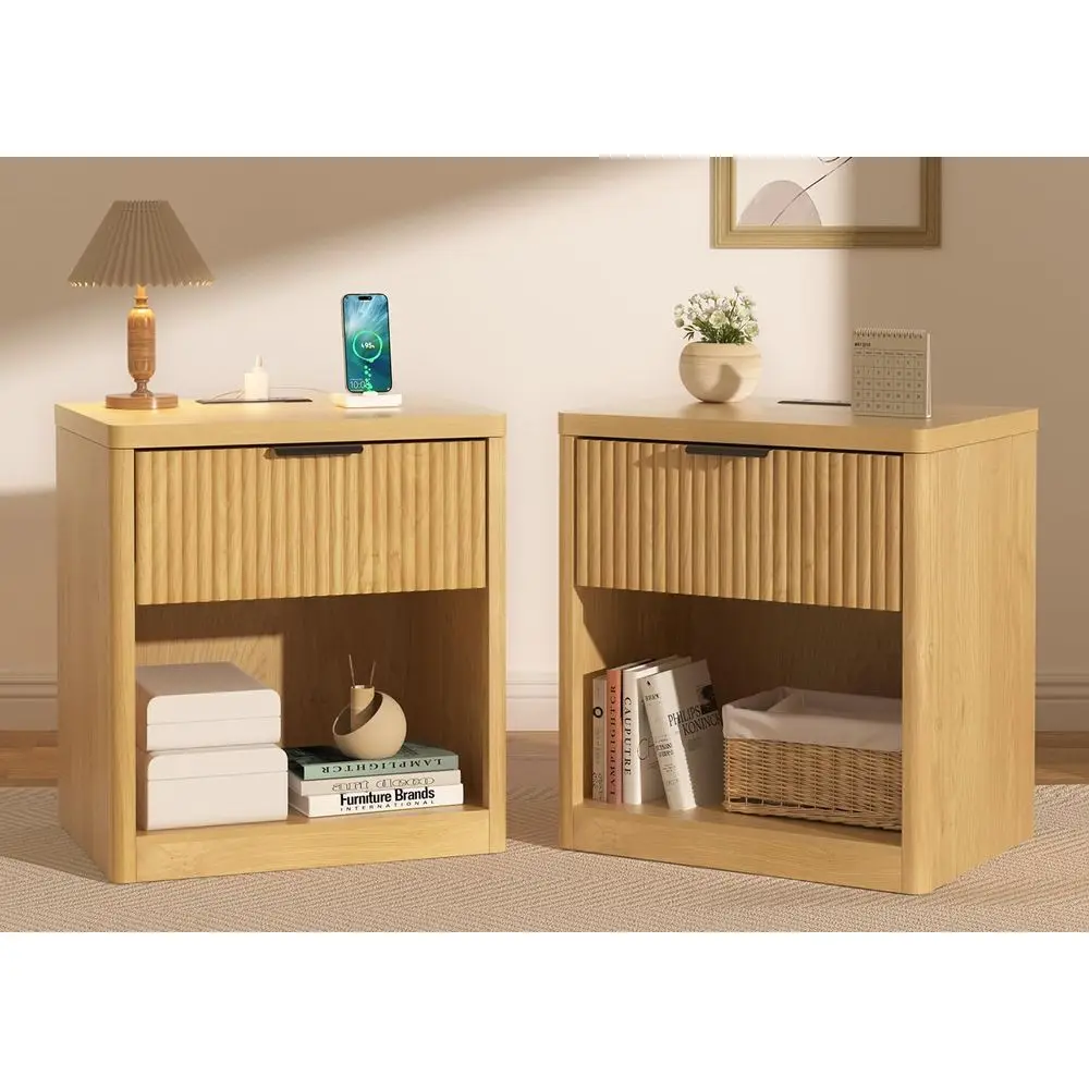 

22'' luted Nightstand Set o 2 with Charging Station, ern Night Stand with 2 USB Ports & 2 AC Outlets, Wood Bede Table with Open