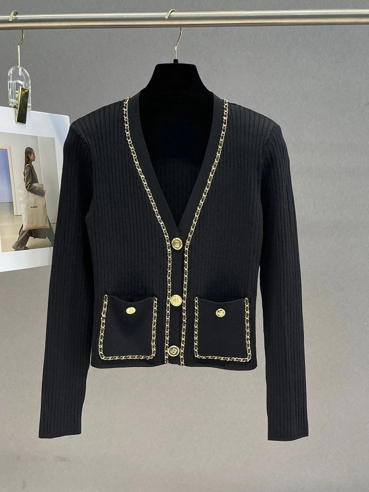 French Fashion Knitted Cardigan Women 23 Autumn Winter V-Neck Golden Chain Slim-Fit Coat Elegant Single-Breasted Pockets Sweater