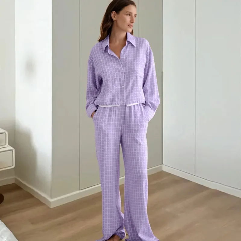 Trendy Women's Casual Style Plaid Loose Cardigan Women Long Sleeve Casual Pajamas Set Trousers Spring Autumn Winter Wear L Size