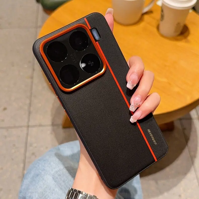 

Case For Xiaomi 15 14 Pro Plus 5G Luxury Gold Armor Shockproof Case Three- Pin Orange Leather Metal Buttons Anti-Slip Bumper