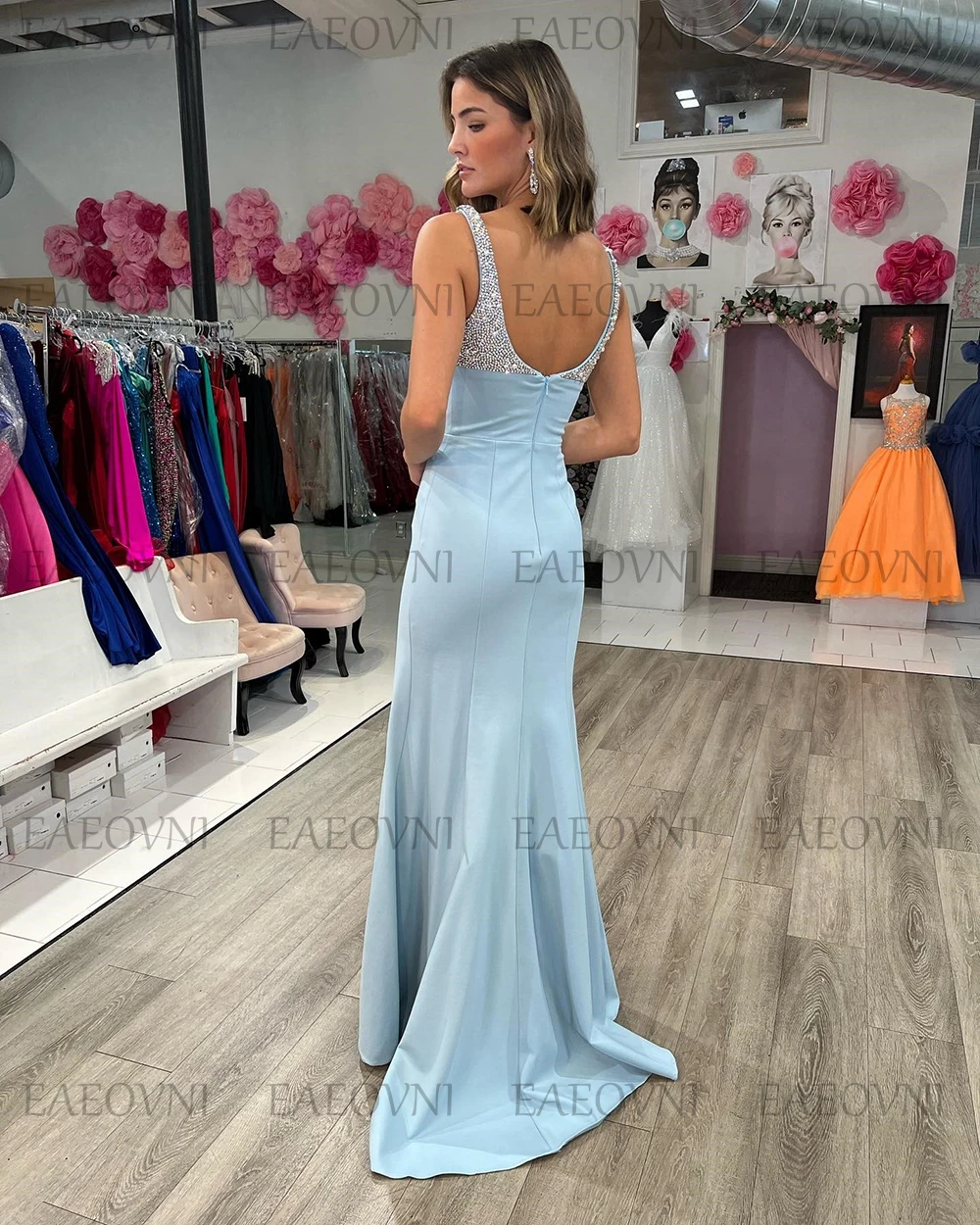 Customized Elegant Sexy Backless Prom Gown Spaghetti Strap High Slit Square Neck Patchwork Evening Party Dress Vestidos De Gala