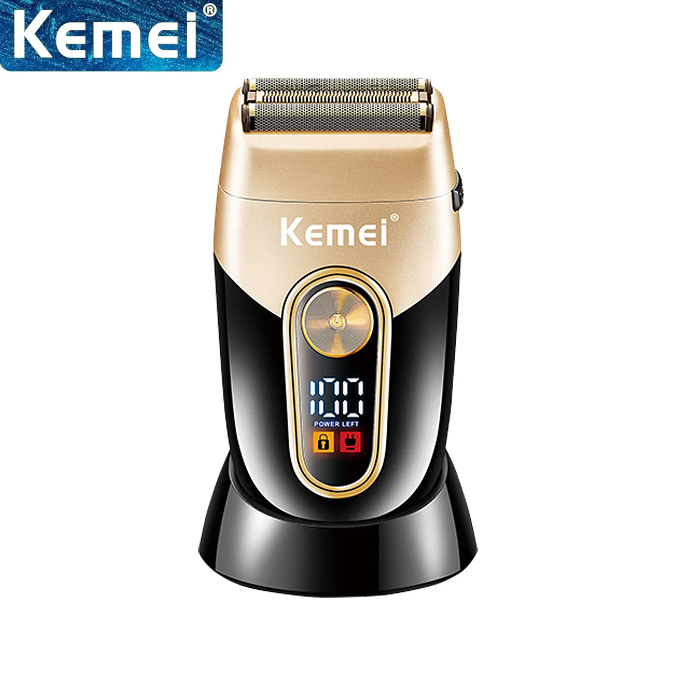 

Мужская бритва Kemei с зарядной базой, электрическая бритва для бритья влажной или сухой бороды, перезаряжаемая бритва с тремя лезвиями KM-3209