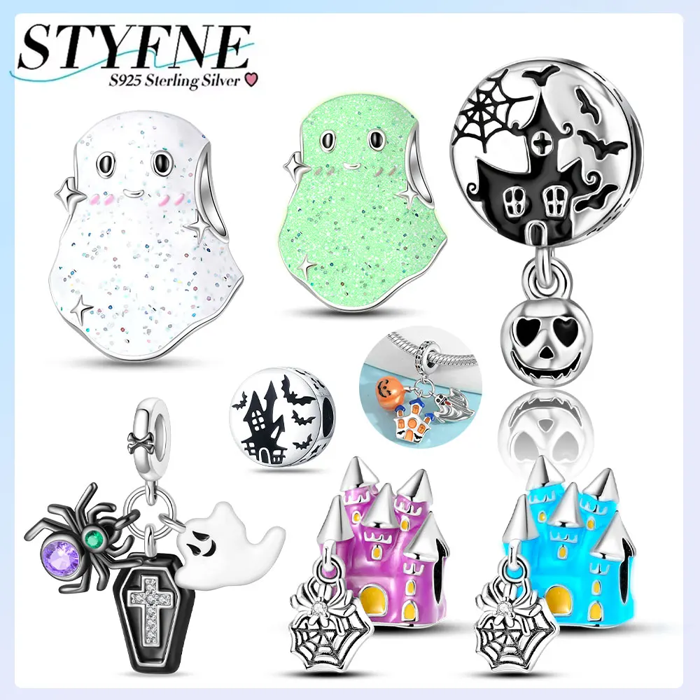 925er Silber vergoldet, Original-Charms, Halloween-Spinne, Spukhaus, leuchtende Geister-Kürbis-Perlen, passend für Armbänder, Damenschmuck, Geschenk