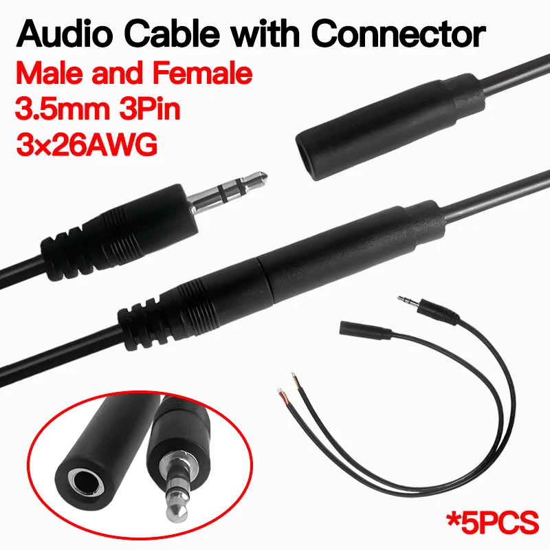 

5PCS 3.5mm Audio Cable 3X26AWG, Universal Stereo Aux Cord for Car/Speakers, High-Quality Audio Transmission Wire with Connector