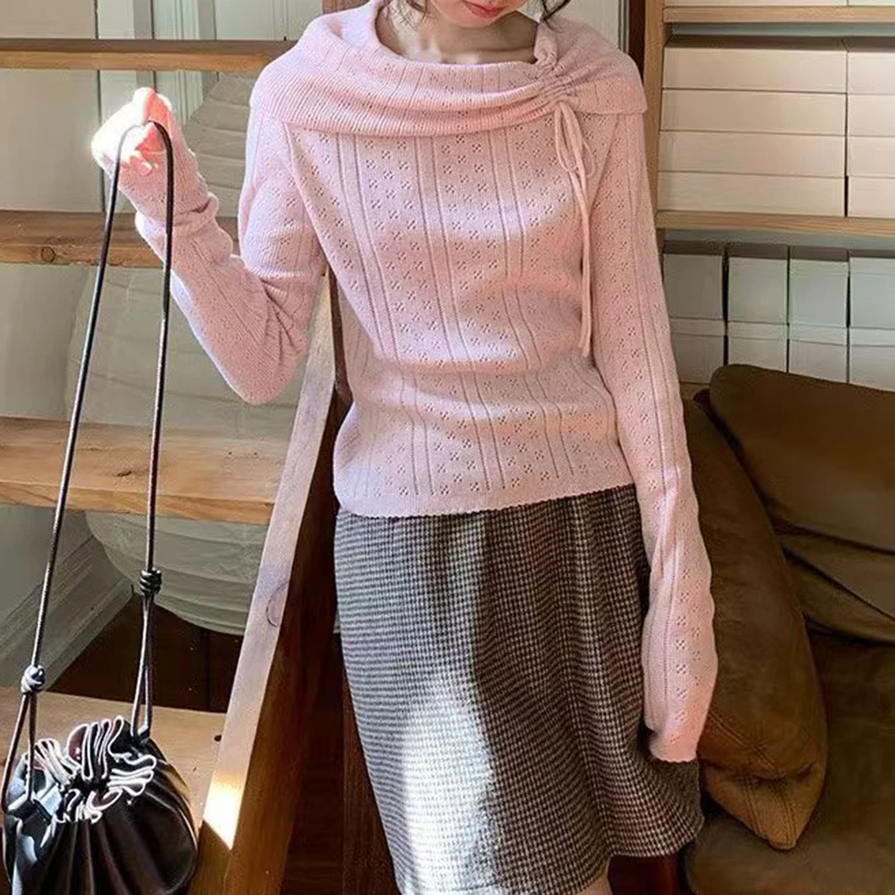 TWOTWINSTYLE Solid Spliced Drawstring Sweater Female Slash Neck Long Sleeve Loose Korean Sweet Women's Sweaters Autumn Fashion