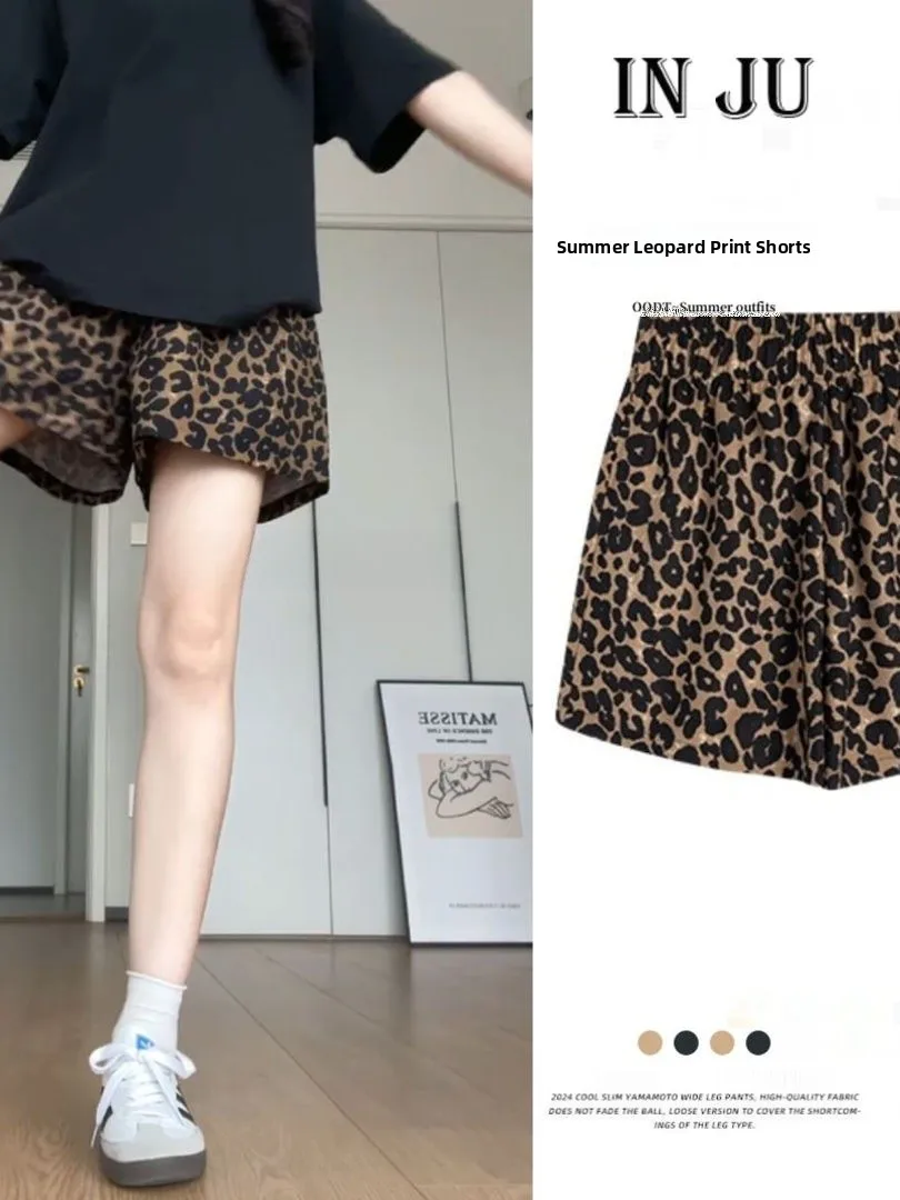 American Retro Leopard Print Wide Leg Pants Women's Thin Summer Elastic Waist Loose Slimming Fashionable Five-Quarter Shorts