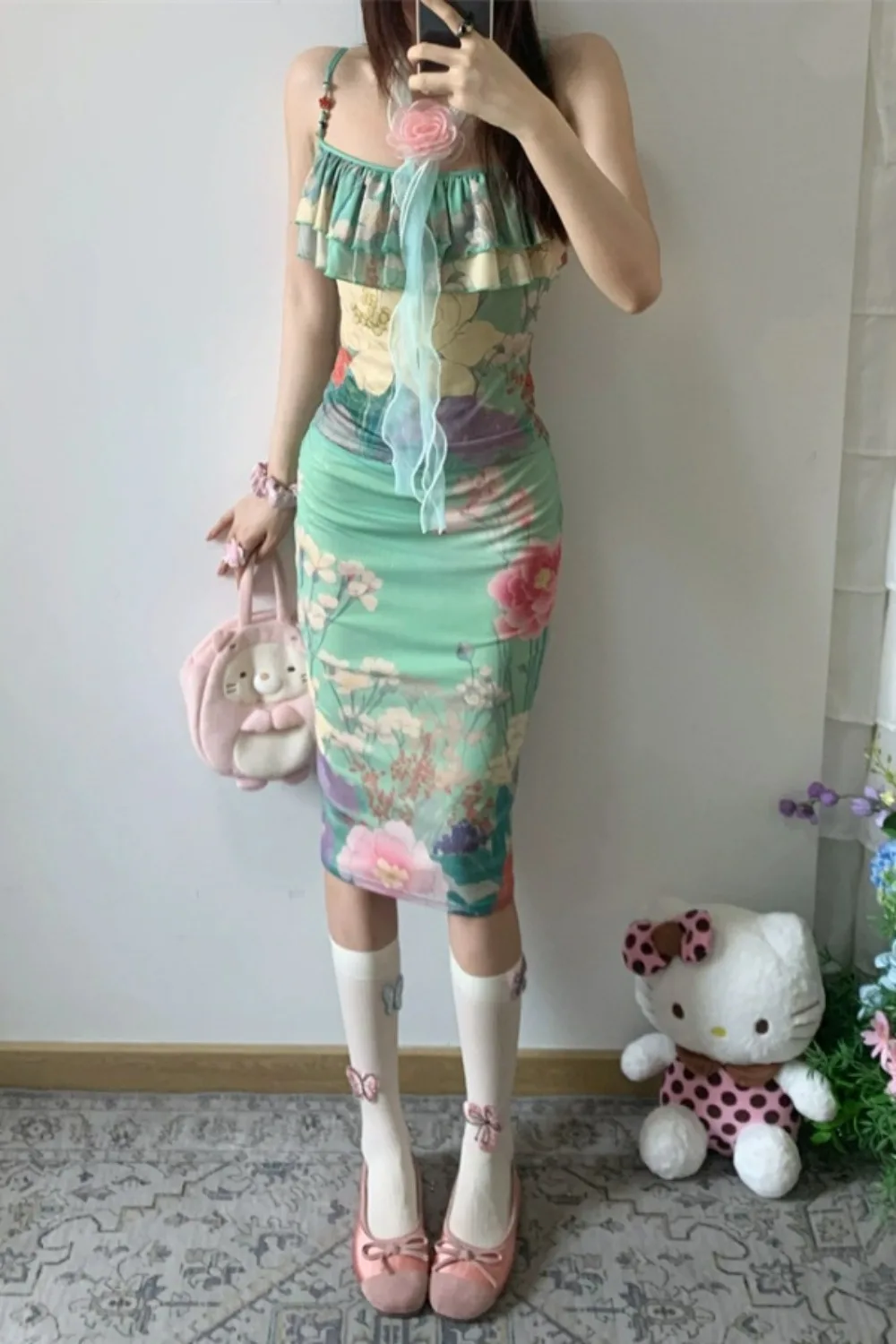 Set da donna con gonna a scialle a vita alta con canotta floreale verde orientale, abito elegante estivo vintage, vendita calda, abbigliamento quotidiano Wabi Sabi