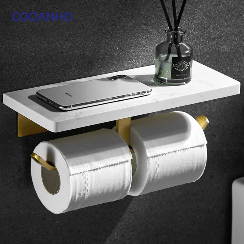 Toilet Paper Holder with Natural Marble Shelf for Bathroom Washroom,Wall Mounted Tissue Holder Suitable for Mega Roll