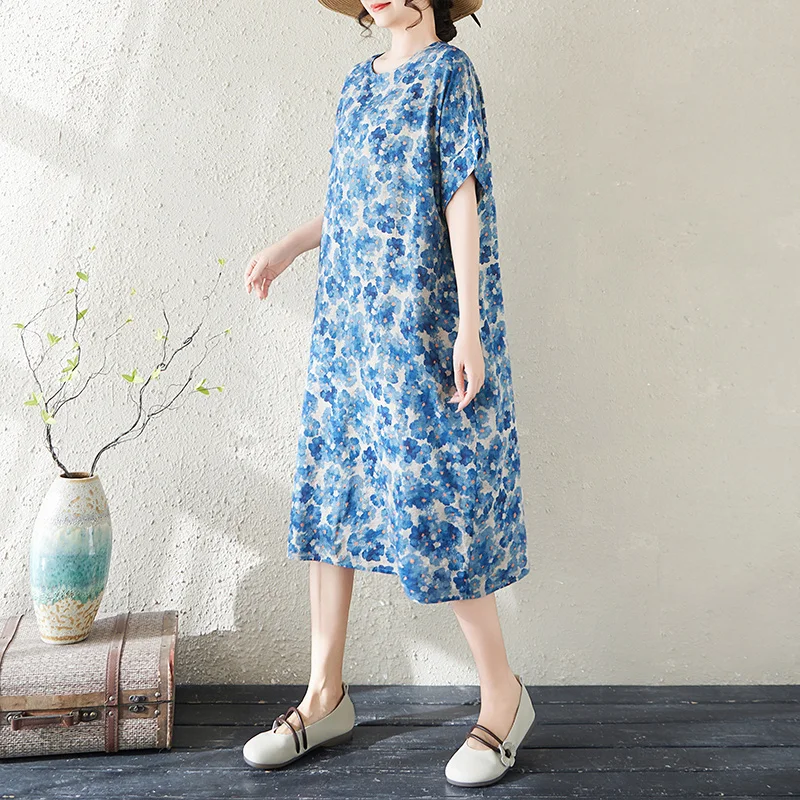 

Summer Thin Cotton Linen Print Artistic Women's Knee-Length Midi Dress Short Sleeve Straight Cut City Walk Casual Dress