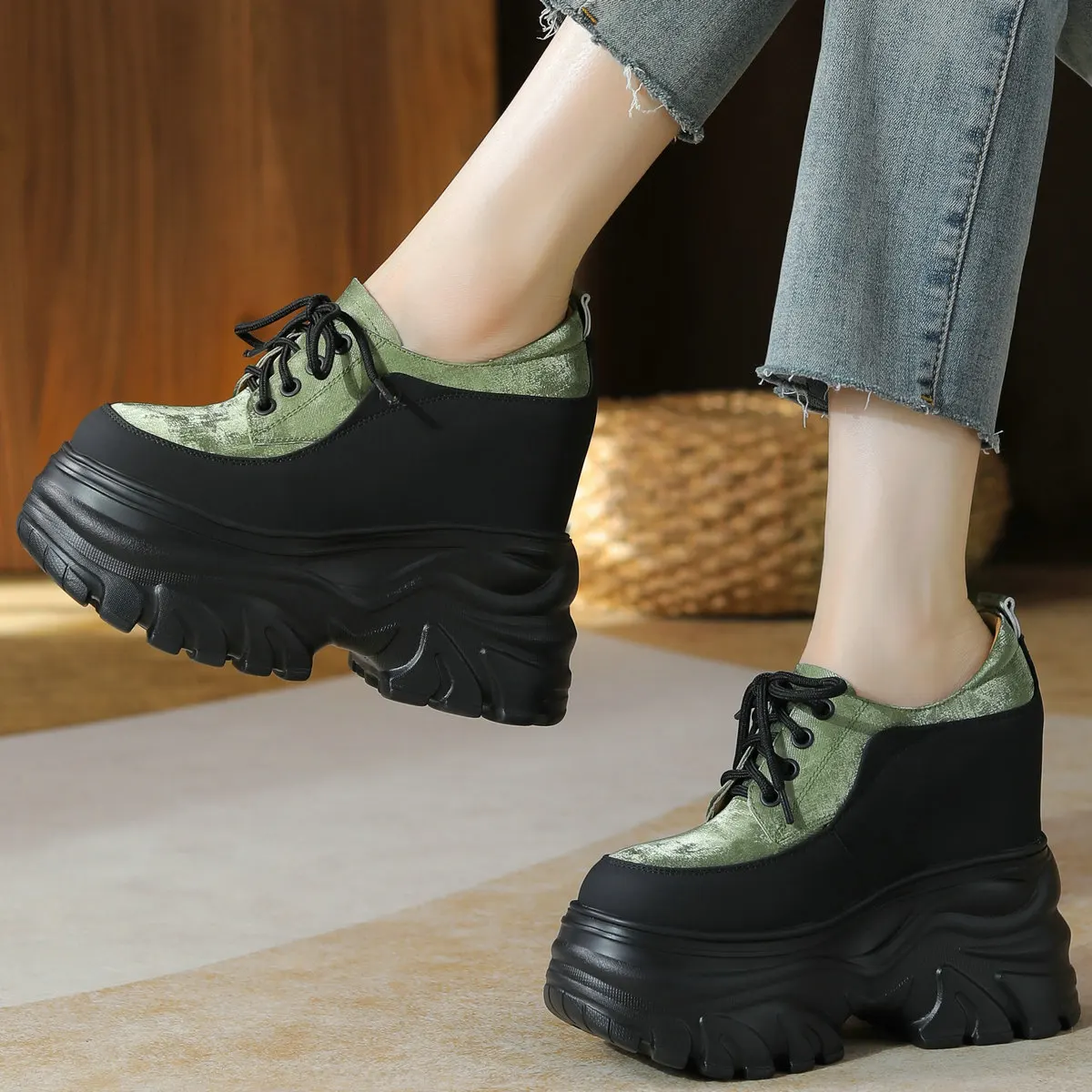 

Platform Pumps Shoes Women Lace Up Genuine Leather Wedges High Heel Ankle Boots Female Round Toe Fashion Sneakers Casual Shoes