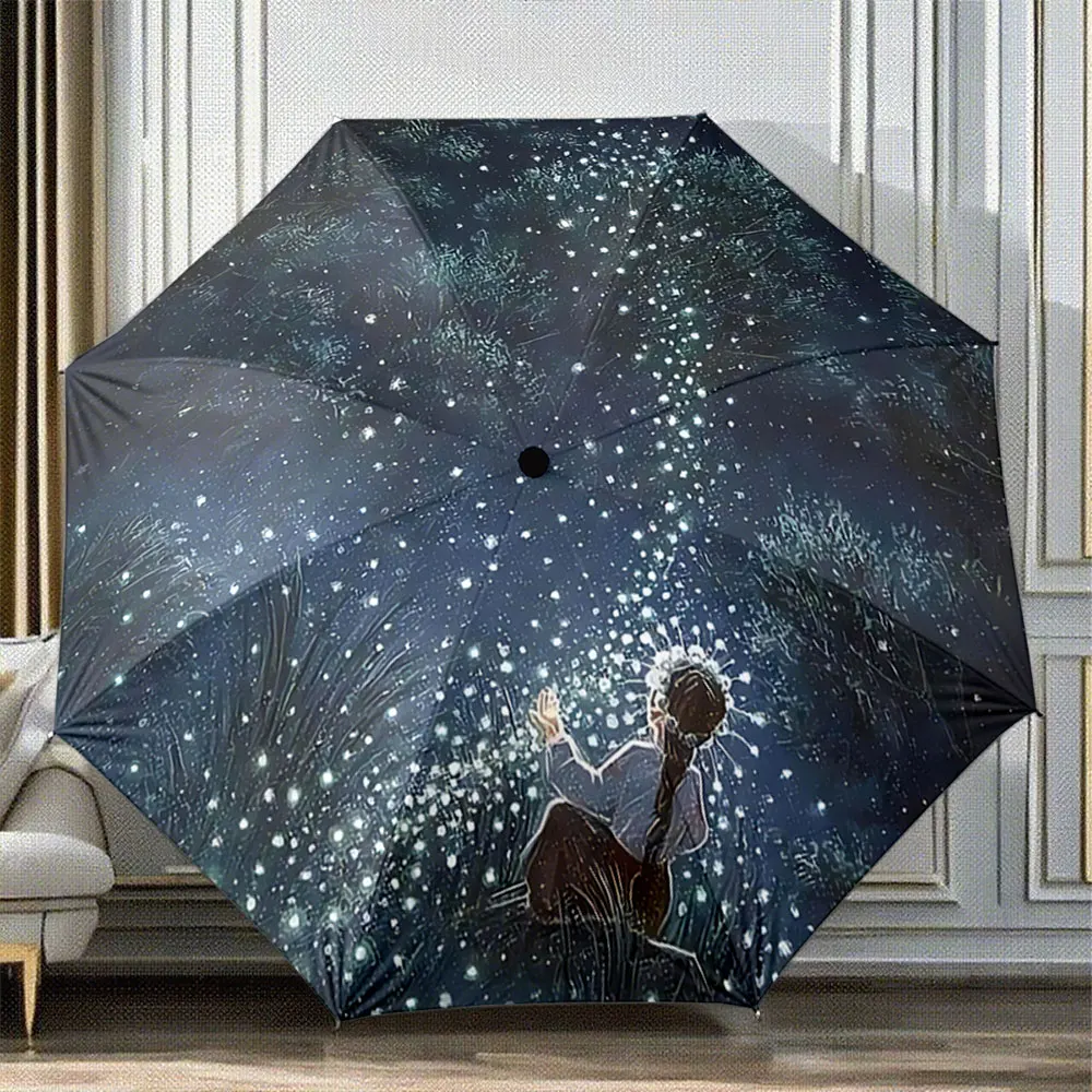 „Design mit dem Motiv „Sternennacht im Wald mit einem Mädchen und funkelnden Lichtern““ – tragbarer, zusammenfaltbarer Regenschirm, ein Geschenk für Familie und Freunde.