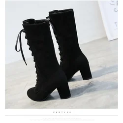 2023 Black Boots Women Shoes Knee High Women Casual Vintage Retro Mid-Calf Boots Lace Up Thick Heels Shoes