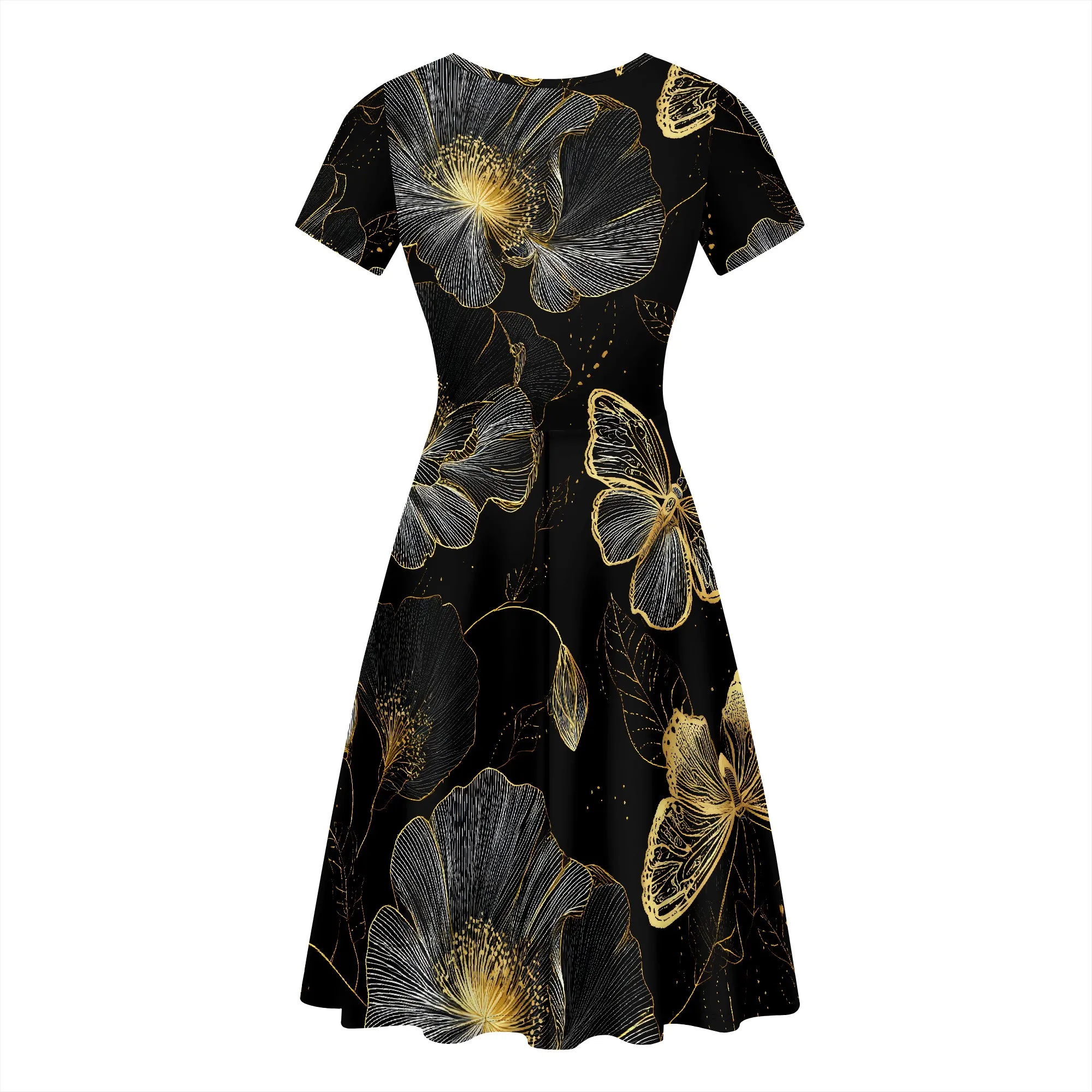 ผู้หญิง Puffy Swing Elegant Party Midi ชุดเดรสแขนสั้นคอรอบคอ A-Line Dress