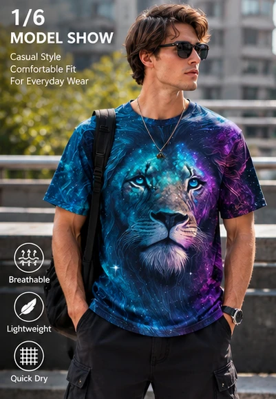 Mens Graphic Tshirt Cosmic Lion 3D All Over Print Fantasy Art Style Casual Party Lightweight Stretch Crew Neck Short Sleeve Tops