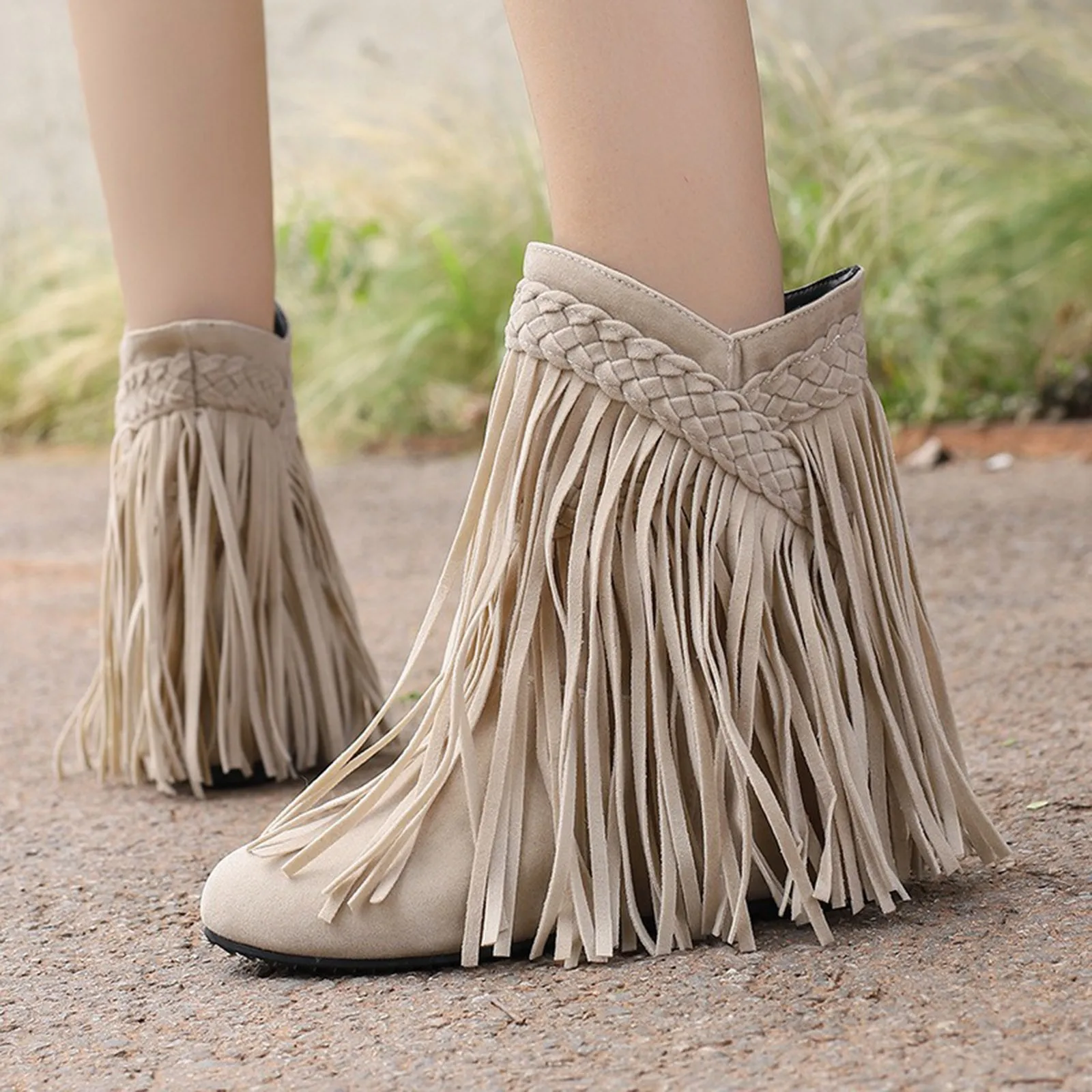 Women'S Fashion Wedge Boots Braided Decorated Flat Bottom Warm Round Toe Suede Tassel Casual Short Boots For Women Dressy