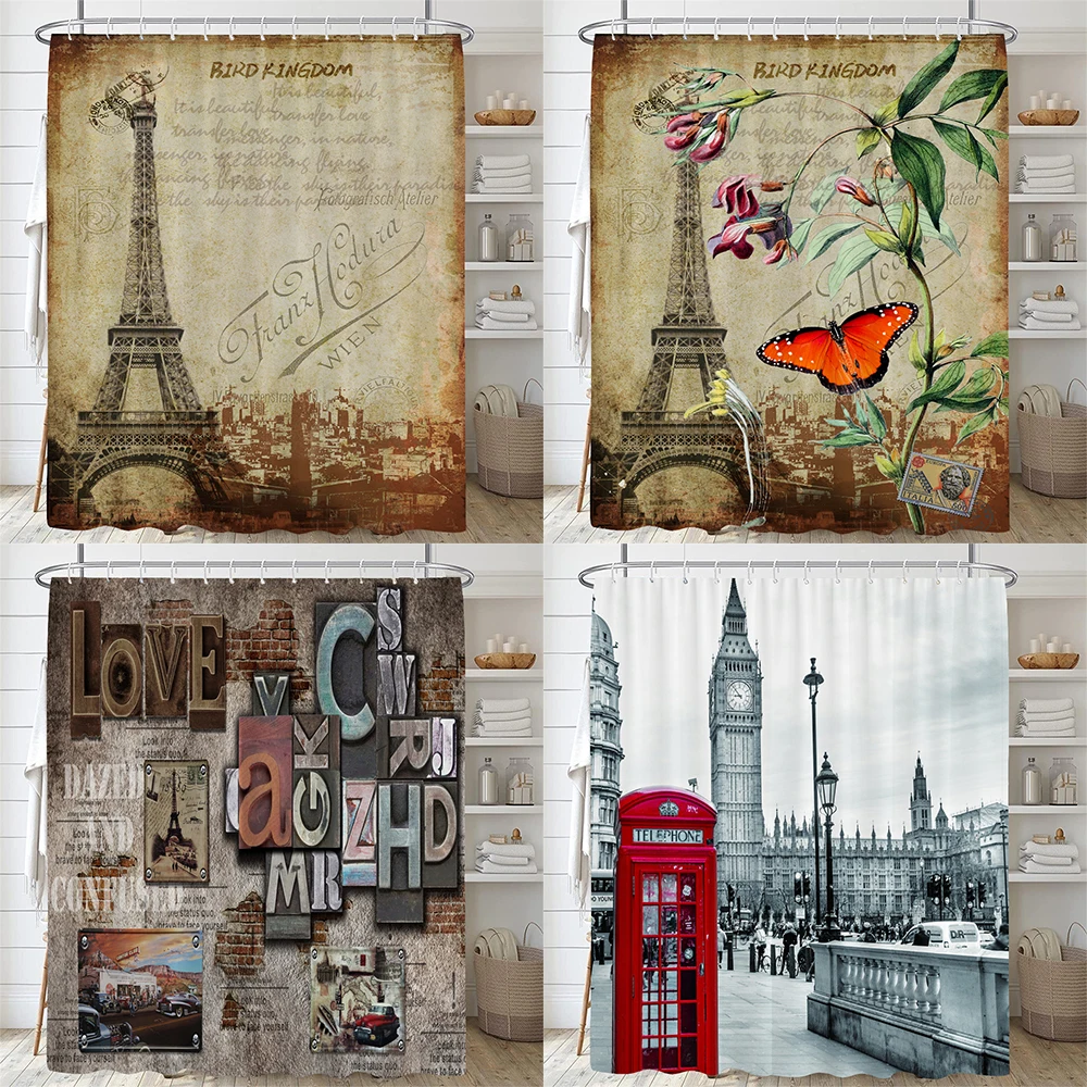 

Retro Paris Tower and Flowers Shower Curtain Print Modern Nordic Minimalist Polyster Home Decor Bathroom Curtain with Hooks