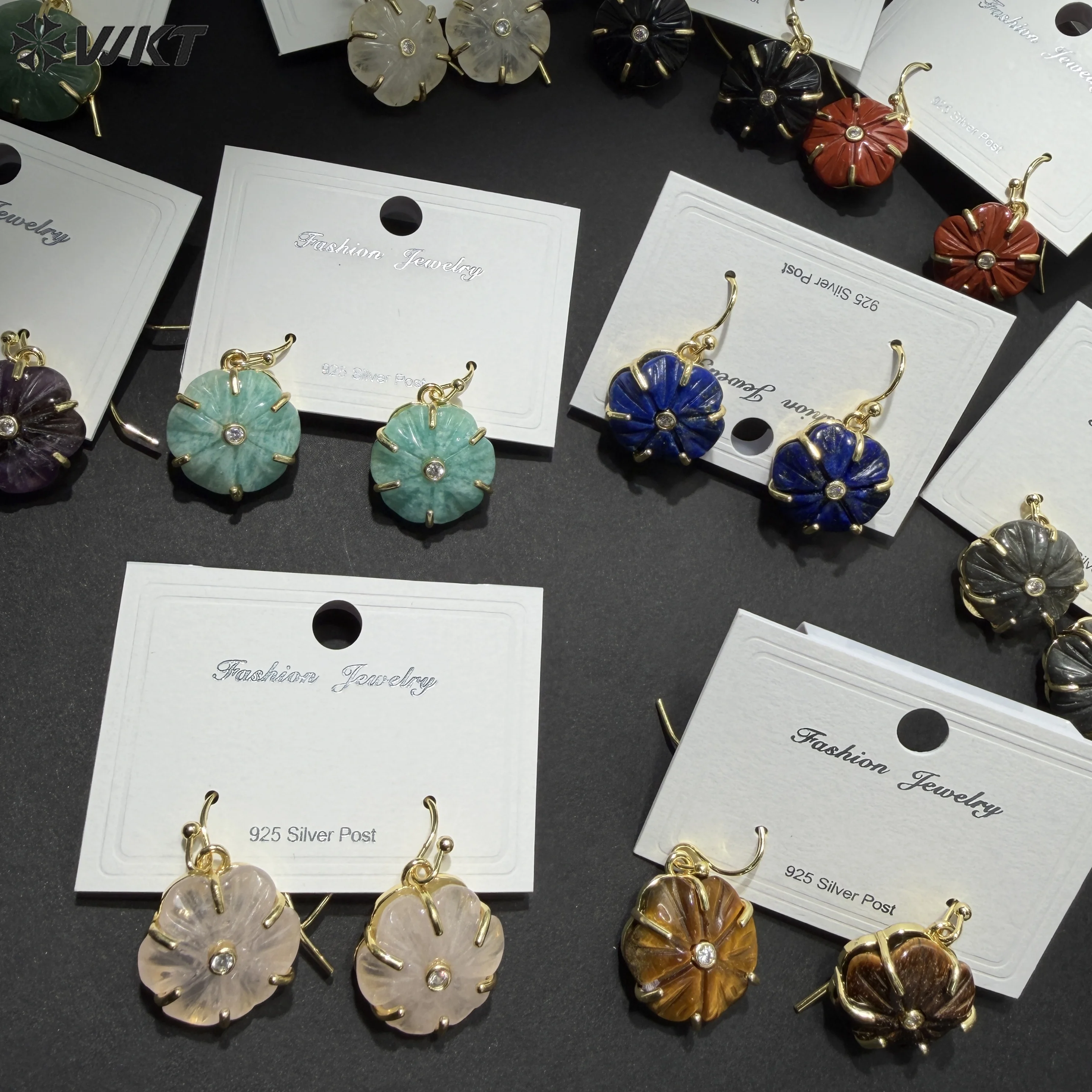 

WT-E799 Popular Sale Gold Plated Zircon And Multi Natural Gemstones Flower Shape Pendant Earrings As Women Birthday Gifts