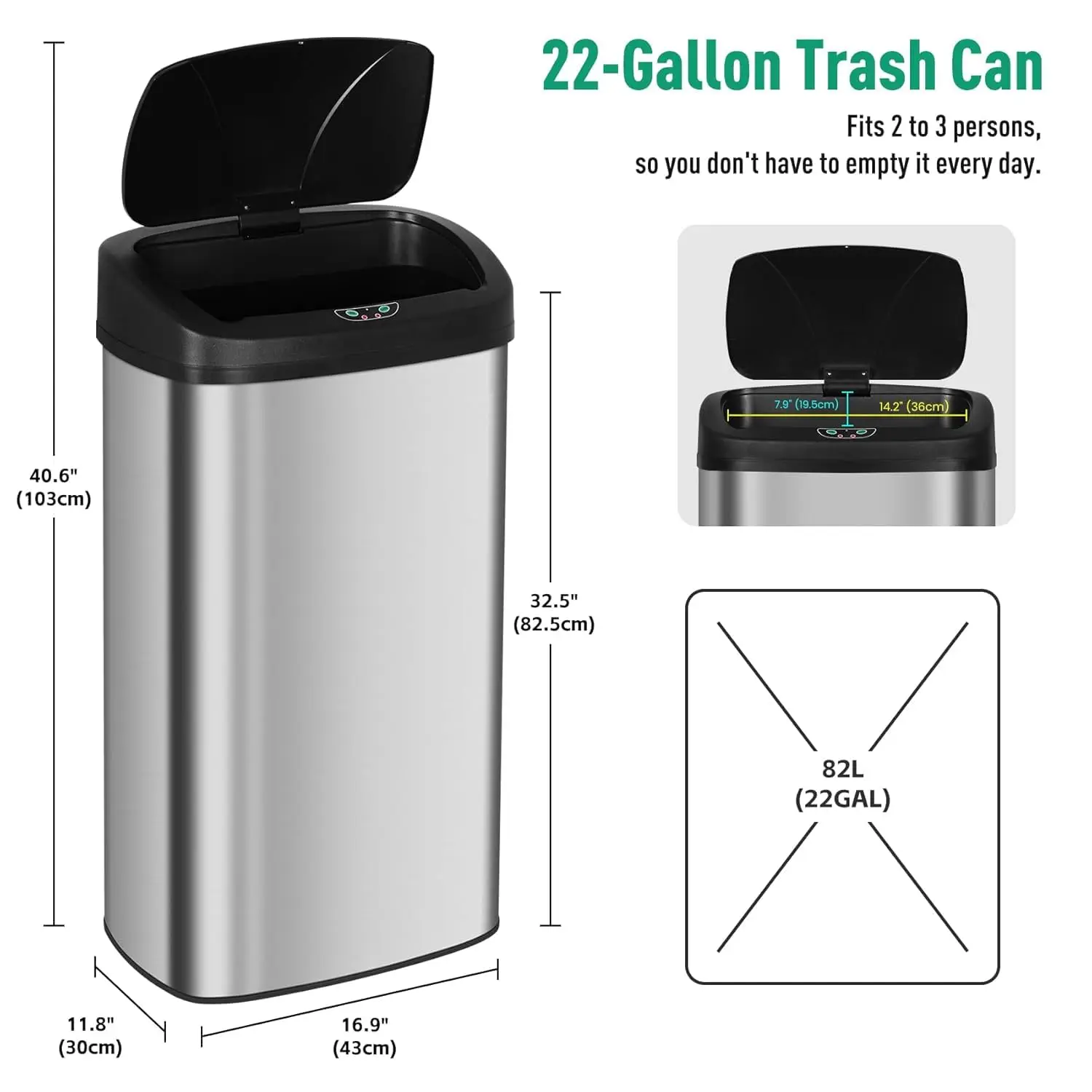22 Gallons Trash Can Motion Sensor Garbage Can with Lid, 82L Automatic Large Kitchen Trash Cans Touchless, Stainless Steel Comme
