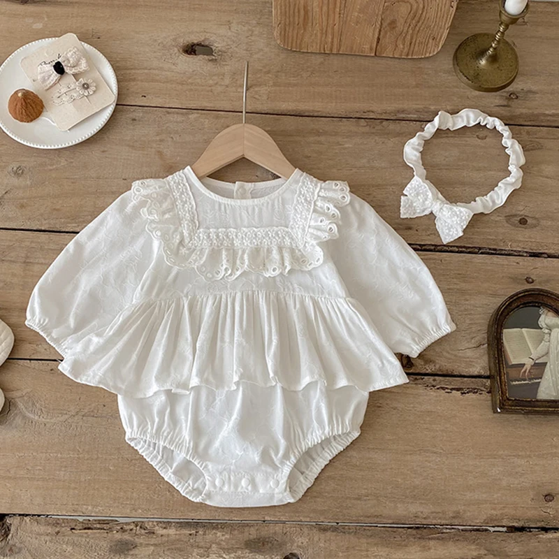 

2025 New Autumn 0-24M Baby Clothing Toddler Baby Girl Romper+Hair band Long Sleeved Cotton Solid Color Infant Baby Jumpsuit