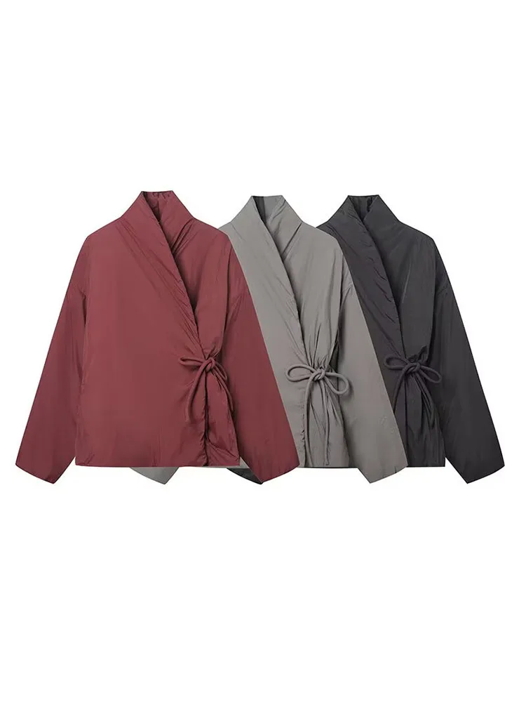 HH Donna Inverno Solido Maniche Lunghe Decorazione Con Lacci Stile Kimono Giacca di Cotone Moda Femminile Versatile Casual Cappotto in 3 Colori