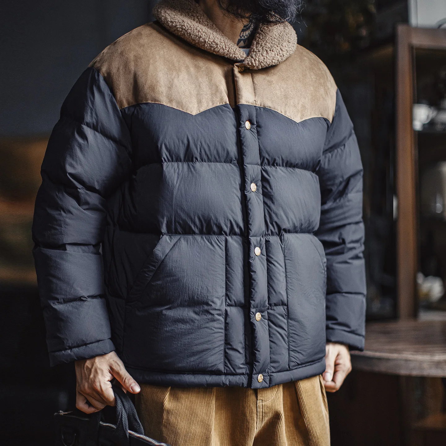 Maden Men's Vintage 90% White Duck Down Jacket Contrast Fleece Collar Puffer Suede Panels Warm Coat for Autumn Winter Streetwear