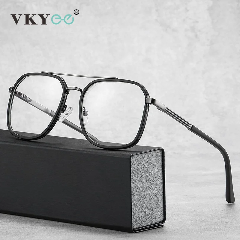 VICKY Square Classic Fashion Large Frame Double Bridge Metal Anti Blue Light Reading Glasses Men Customizable Prescription 82063