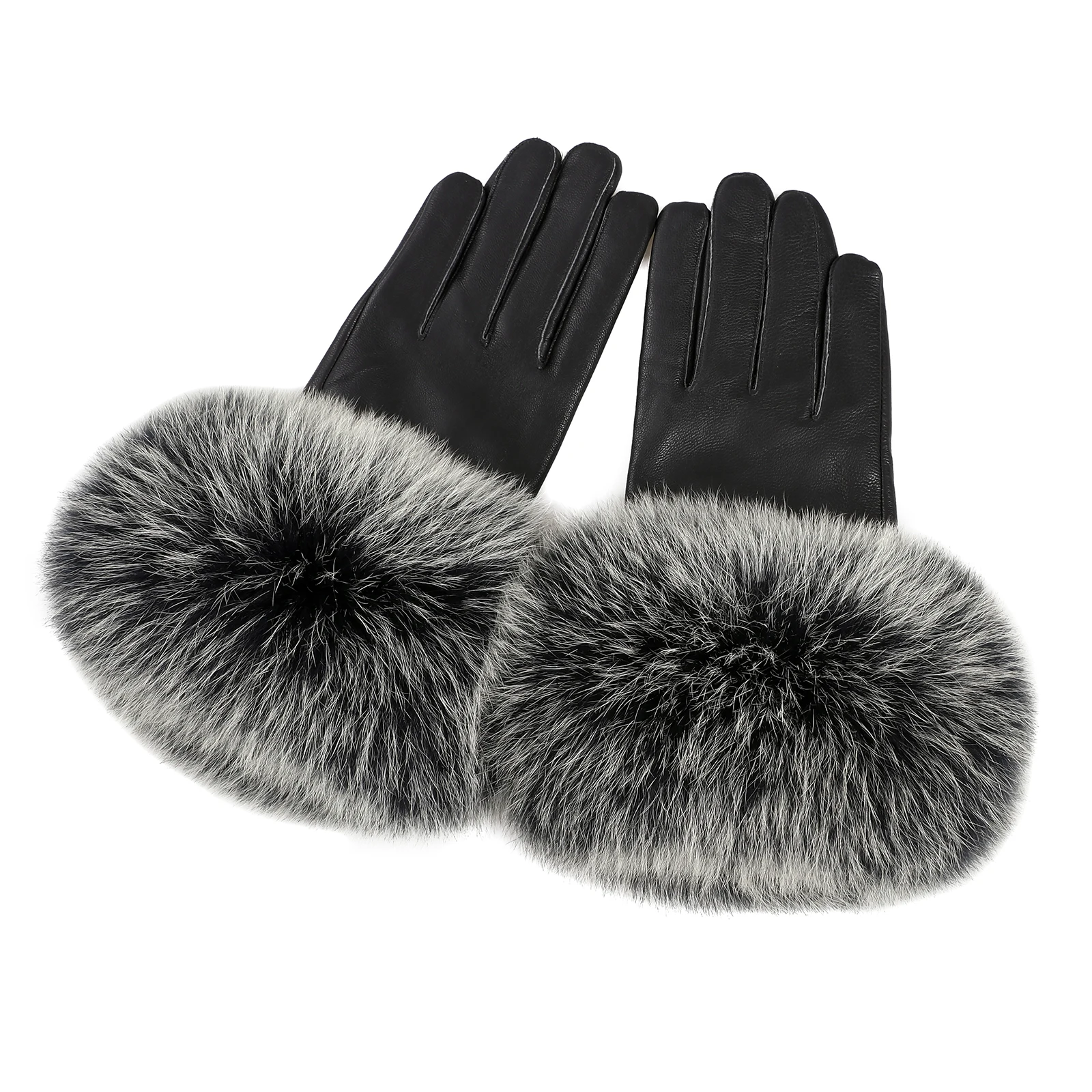 BOONJOVIA Women Genuine Lambskin Leather Gloves With Real Fox Fur Trim Cuff Winter Warm Driving Gloves-Velvet Lined